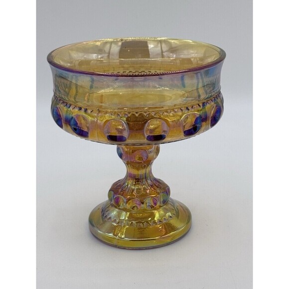 Kings Crown Indiana IRIDESCENT AMBER MARIGOLD Carnival Glass Candy Dish Compote - Picture 9 of 9